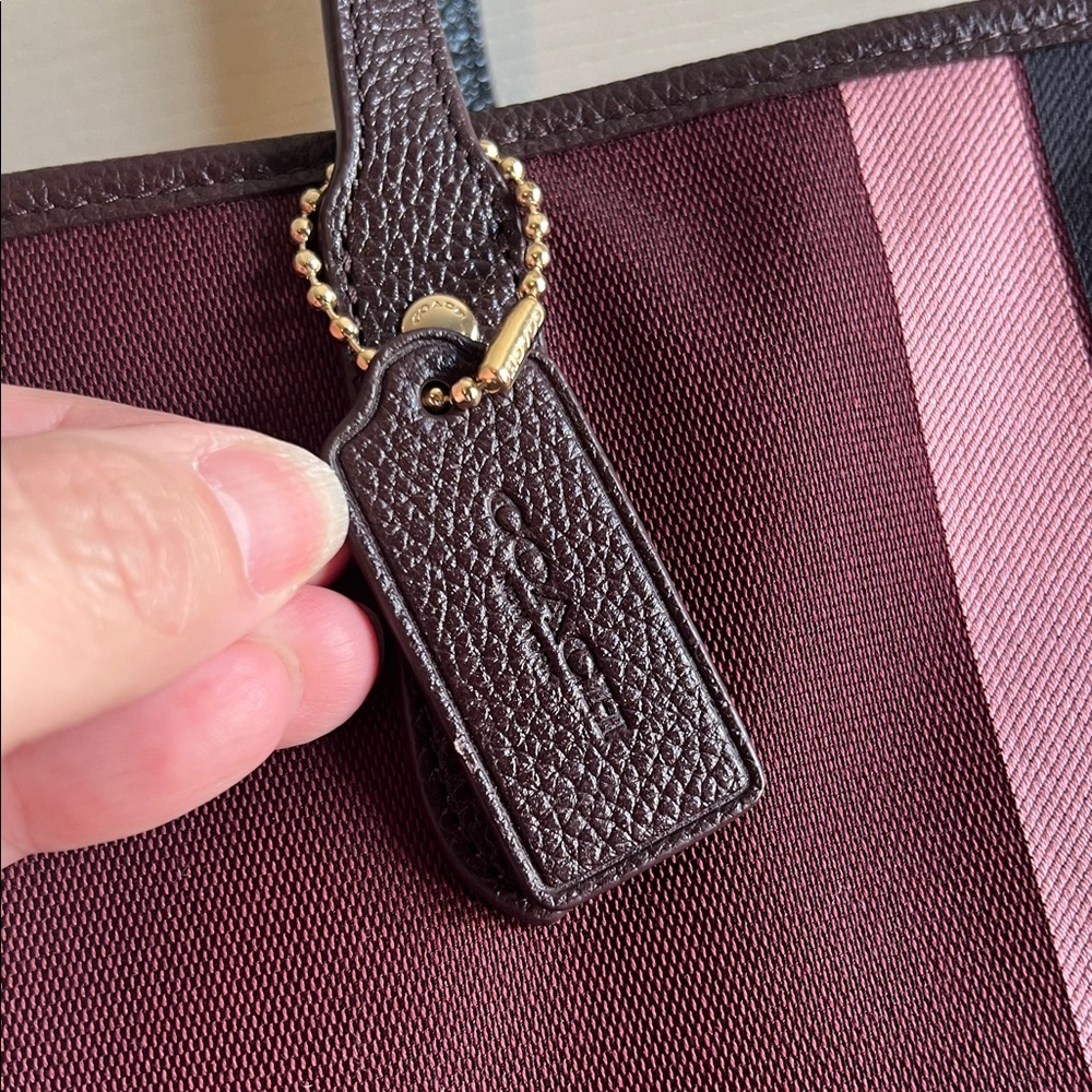 Coach Burgundy Top Zip Tote with Pink and Black Center Stripes - Picture 3 of 8